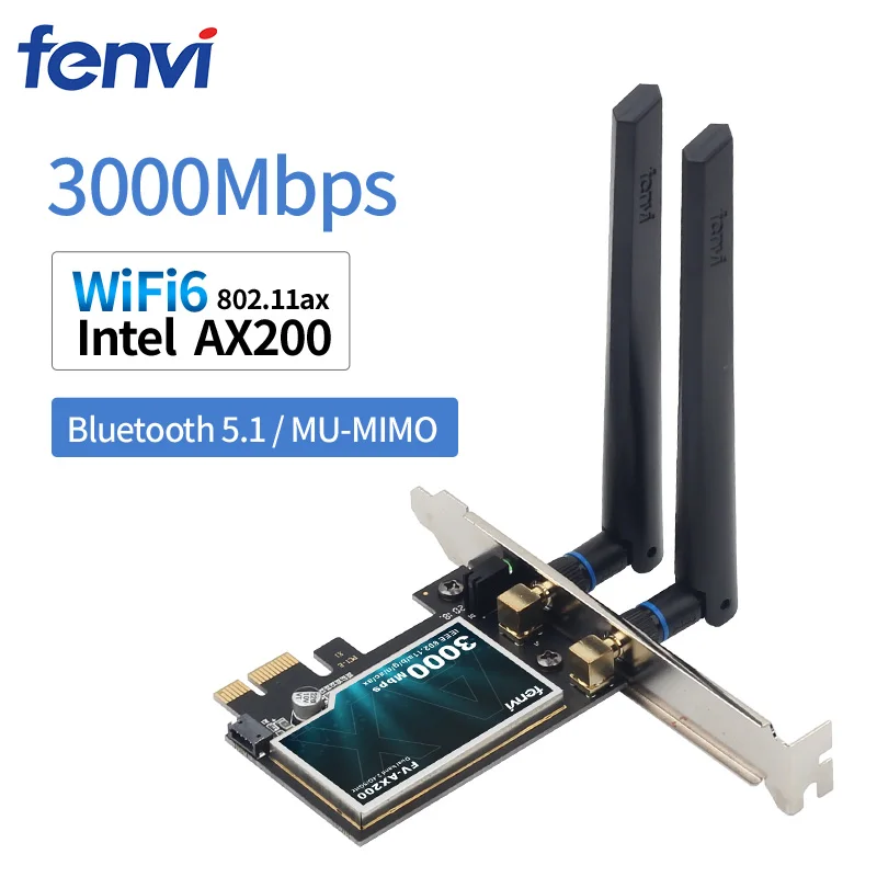 

Wifi6 3000Mbps Desktop PCIe WiFi Adapter Intel AX200 Bluetooth 5.0 802.11ax Dual Band 2.4G/5Ghz PCI Express Wireless Card