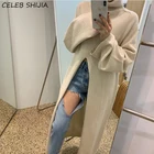 Вязаное платье с высоким воротником для женщин, элегантное винтажное трикотажное платье абрикосового цвета с длинным рукавом и разрезом, женская модная осенняя одежда в Корейском стиле