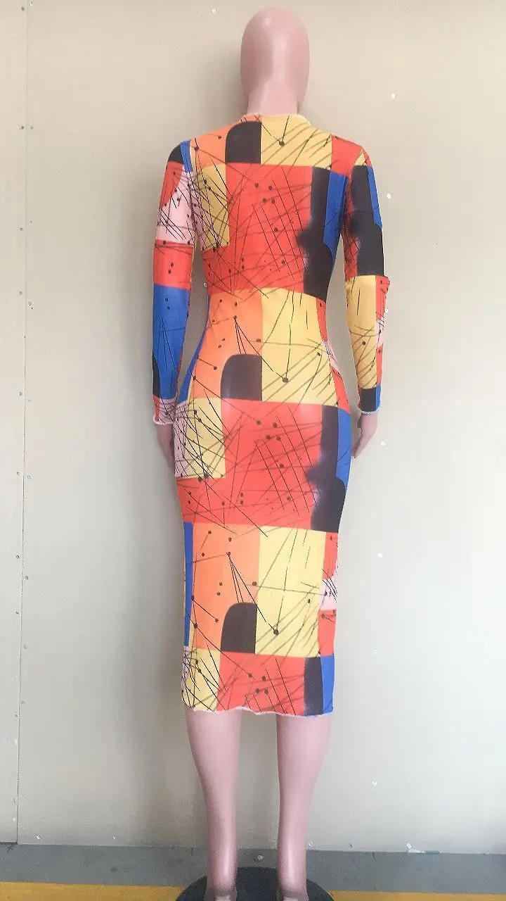 

Casual Color Patchowrk Long Dress Full Sleeve Skinny Colorful Streetwear Party Night Summer Clothes For Women Vestidos