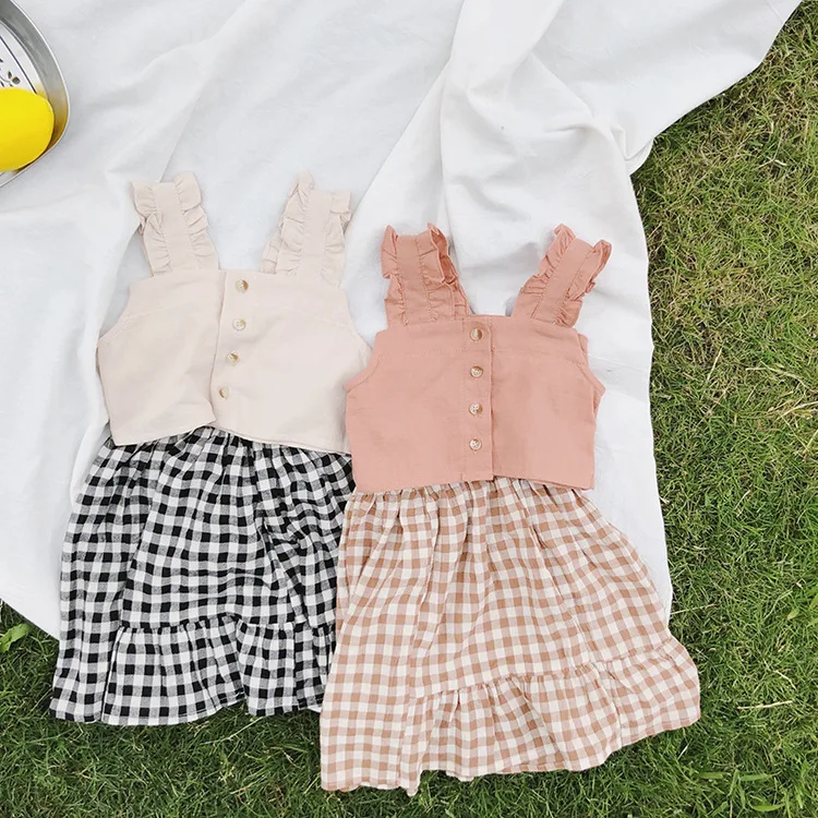 Летний модный жилет для маленьких девочек + клетчатая юбка костюмы из 2 предметов