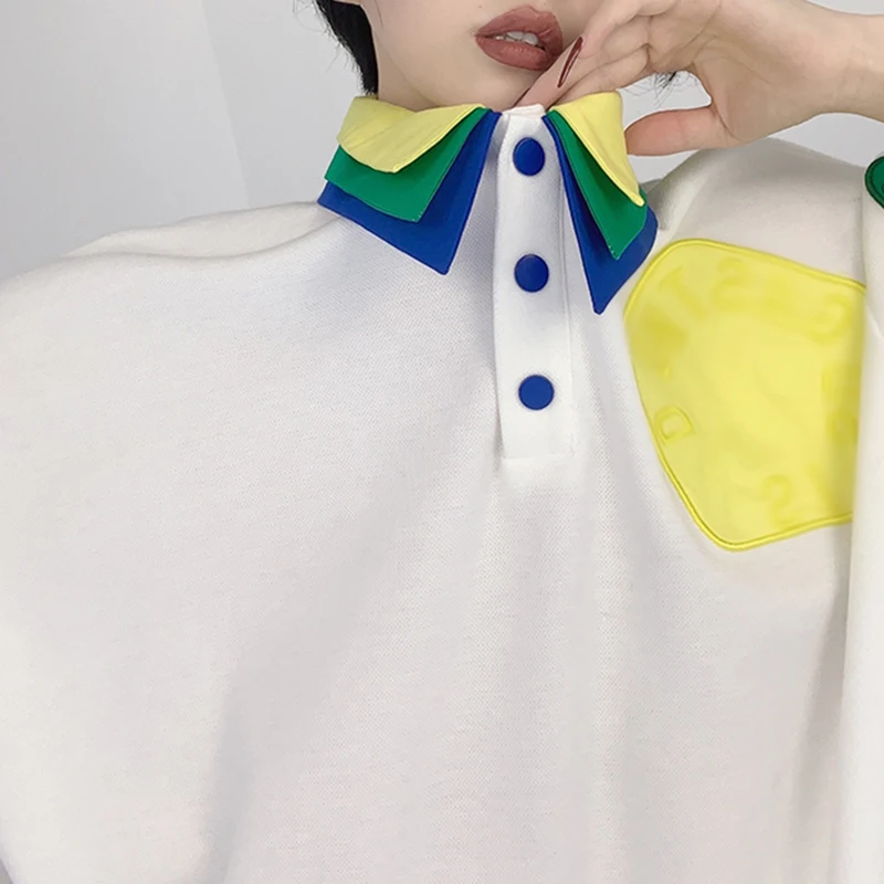 

Casual Hit Color Irregular Patchwork T Shirt For Women Lapel Short Sleeve Korean Loose T Shirts Female 2021 Clothes