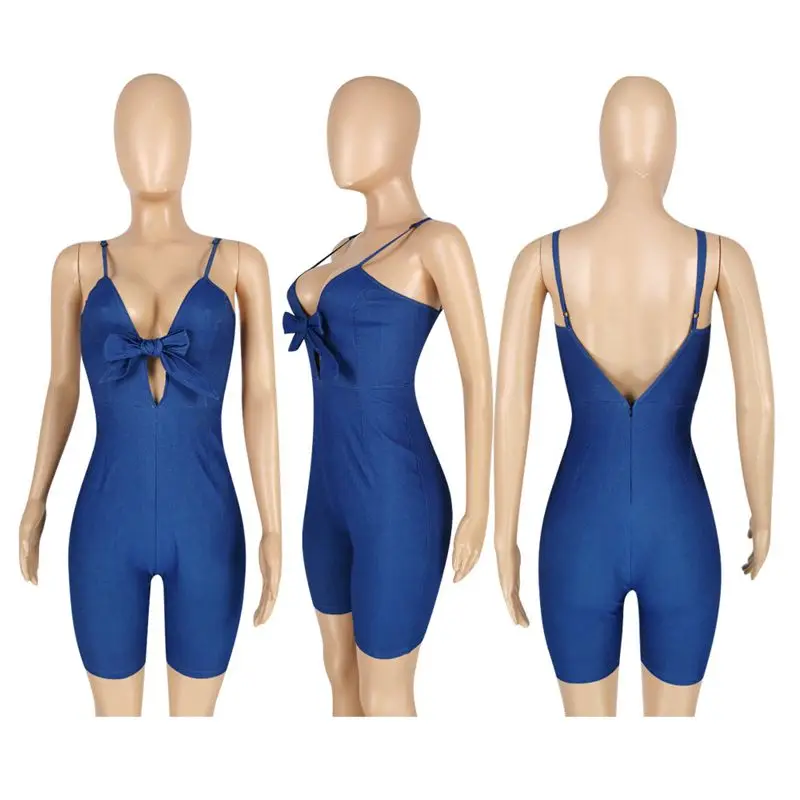 

Summer Clothing Jumpsuit Women High-elastic Denim-like Bow-knot Sling One-piece Five-point Pants Club Outfits Wholesale Items