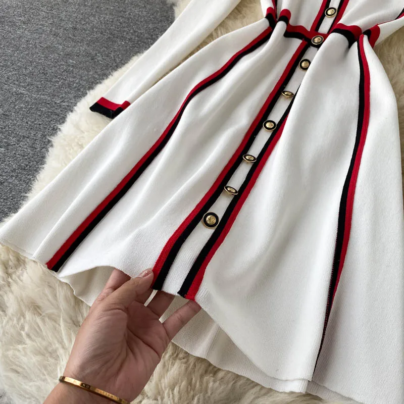 

New Autumn Women Dress Korean Casual Long Sleeve Robe Femme Striped Bowknot Lapel Elegant Streetwear Knitted Sweater Dresses