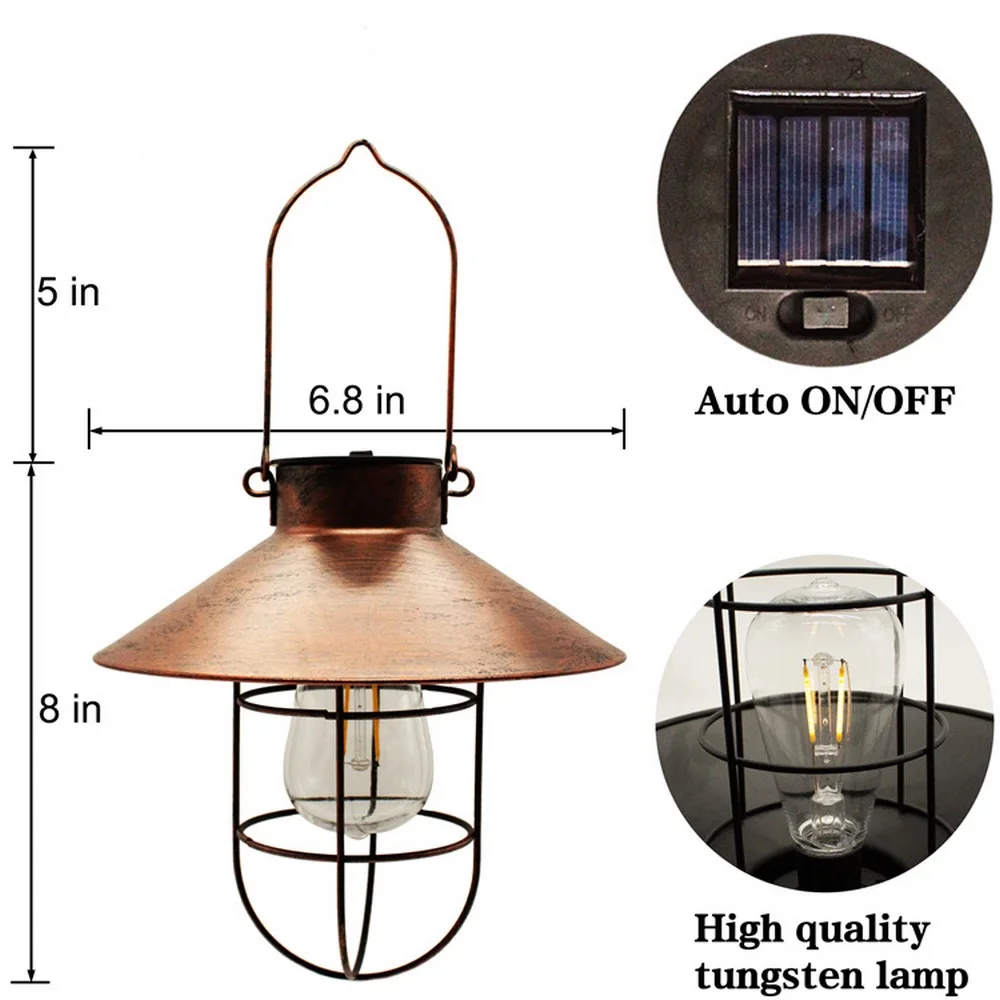 

Solar Lantern Lamp Outdoor Hanging Waterproof Vintage Metal Solar Garden Lights With Tungsten Bulb Decorative For Patio Backyard