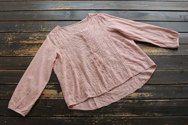 

7463 New Spring Women Blouse Literary Cotton Embroidery O-Neck Long Sleeve Shirt Solid Color Loose Casual Women Tops