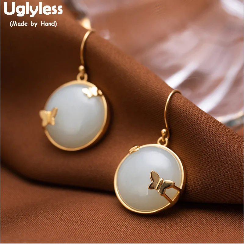 

Uglyless Handmade Insects Butterflies Earrings for Women Nature Jade Gemstones Brincos Real 925 Silver Butterfly Jewelry E1388