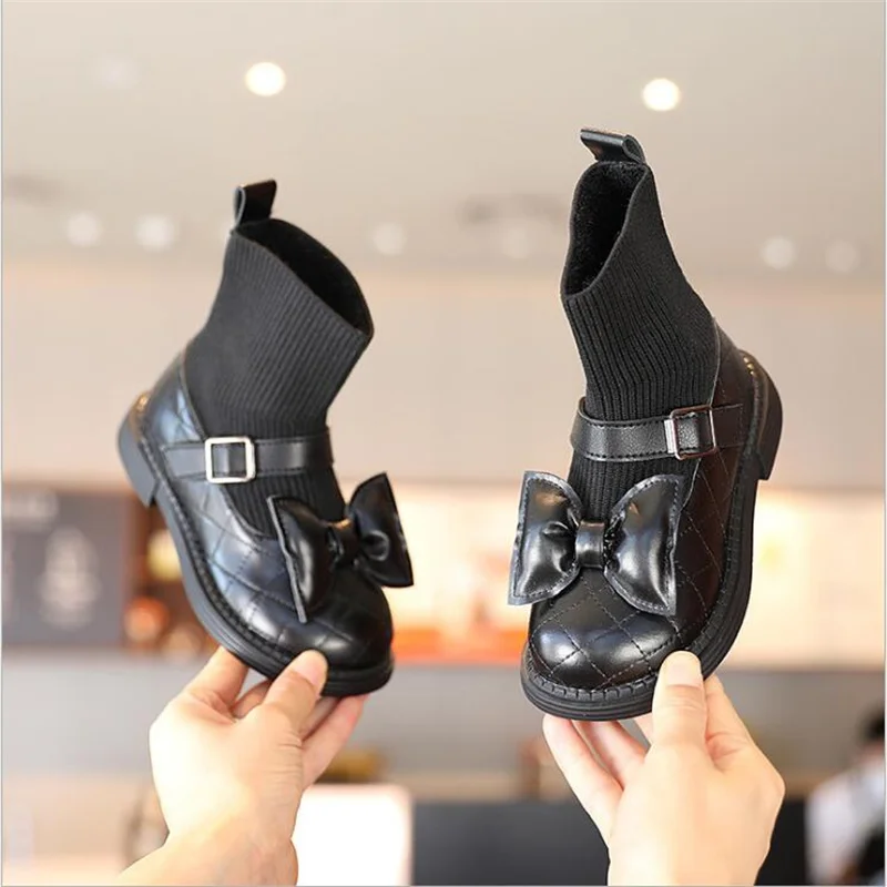 

2021 winter Girl Plus velvet short boots Fashion Bow Keep warm boots Princess soft-soled knitted Splicing sock boots26-36