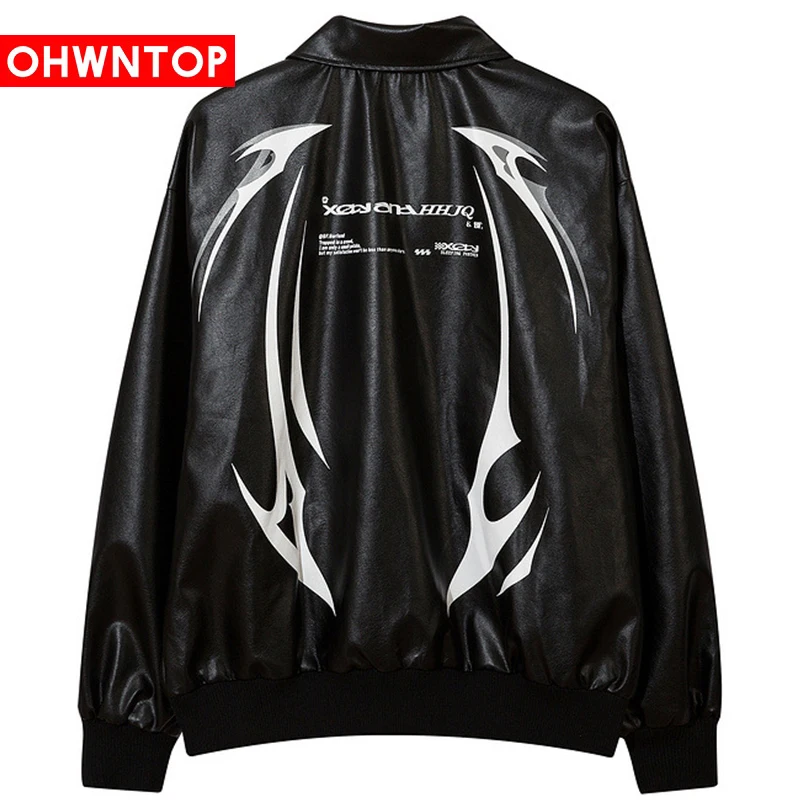

Tide PU Leather Jacket Men Letter Printed Streetwear Bomber Varsity Jackets Fashion Loose Coats Outwear Vintage Outwear Clothing