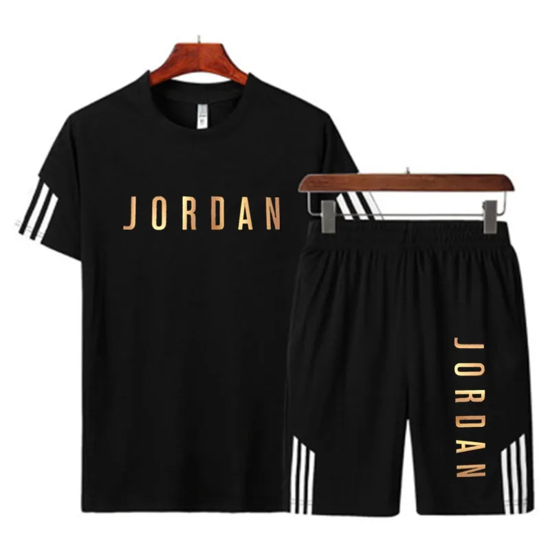 

2021 summer men's color matching striped T-shirt set 2-piece men's sportswear suit basketball sports fitness letter printing sho