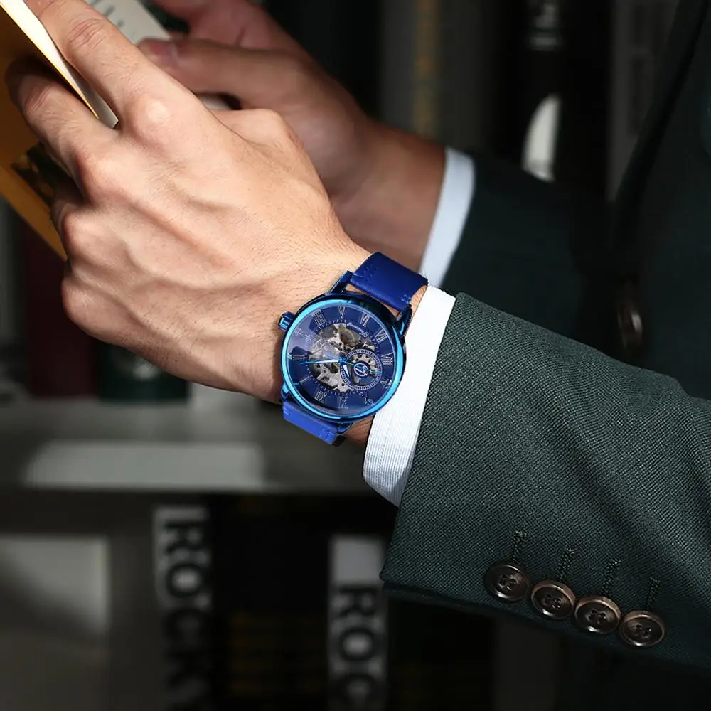 Forsining Mens Full Blue Mechanical Watches Hand Winding Analog Genuine Leather Belt Business Dress Wristwatch Relogio Masculino