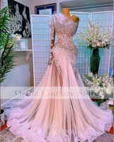 sparkly beaded african women prom dresses long sleeves pink ruffles formal evening occasion gowns robe de novia