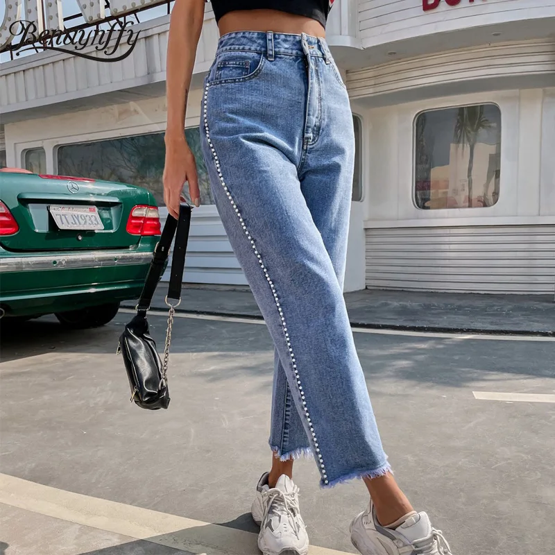 

Benuynffy Side Detail Raw Hem Boyfriend Jeans Woman Korean Fashion Streetwear High Waist Baggy Casual Mom Straight Denim Pants