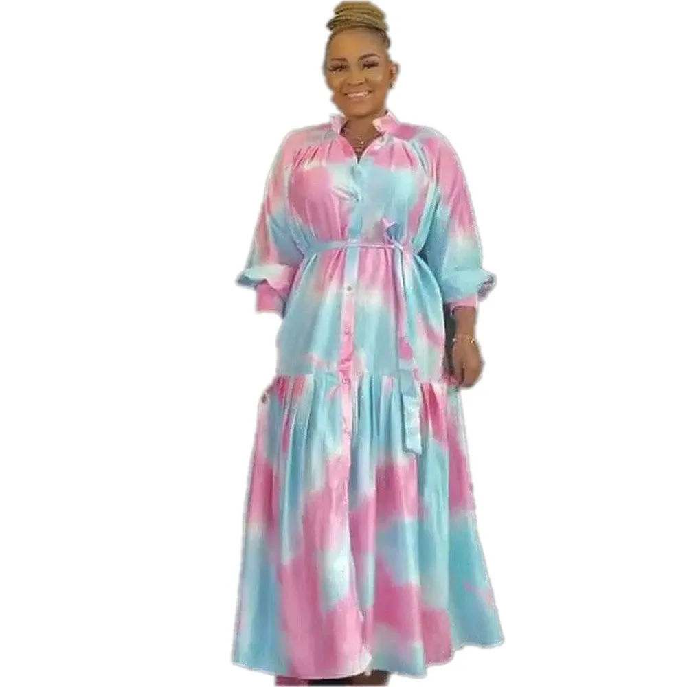 

Silky Satin African Dress Plus Size Women's Long-Sleeved Collocation Belt Single-Breasted Digital Printing Long Dress 2021 New