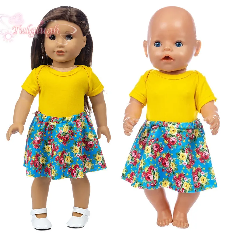 

Yellow One Piece Floral Skirt Suit Fit 18 Inch American & 43cm Baby New Born Doll Clothes Accessories