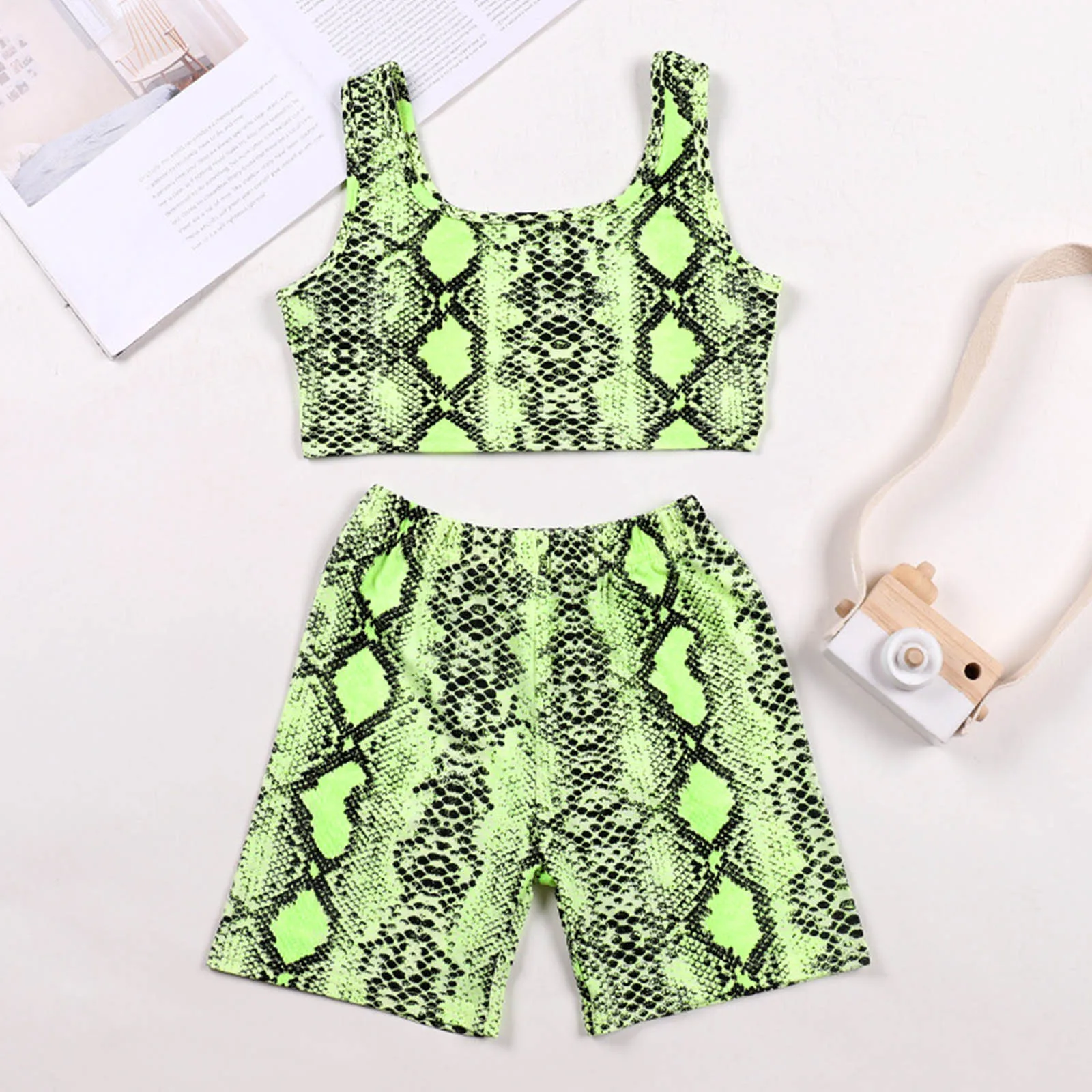 2Pcs Kids Girls Summer Snakeskin Pattern Sport Suit Tracksuits Shoulder Straps Sleeveless Cropped Vest Tops and Shorts Sport Set