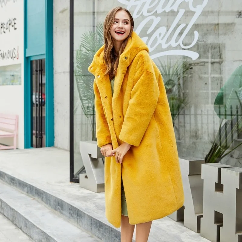 Winter Women High Quality Faux Rabbit Fur Coat Luxury Long Fur Coat Loose Lapel OverCoat Thick Warm  Female Plush Coats