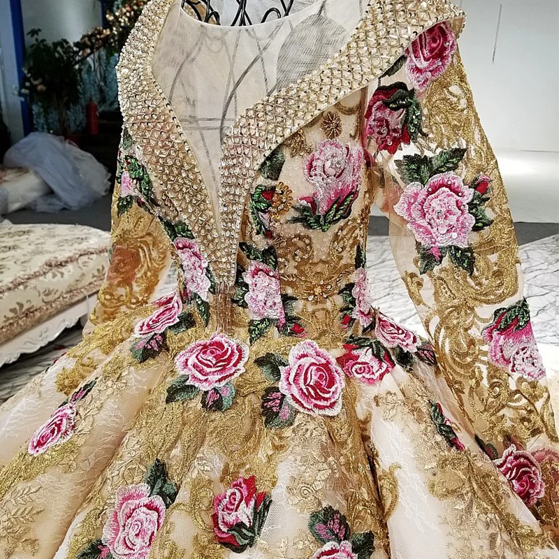 LS87410 Muslim Saudi Arabia Design Robe Longue Soiree Long Sleeves Golden White And Champagne Color Lace Up Back Evening Dress