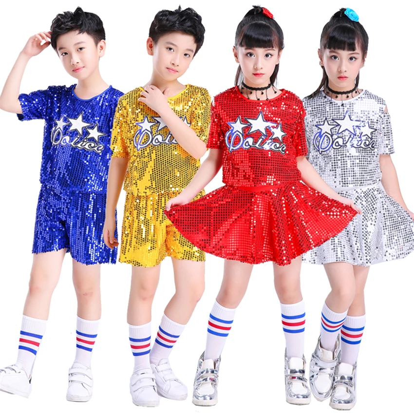 Hip Hop Jazz Dance Costumes Kids Cheerleader Sequin Rhinestone Stage Performance Clothing Girls Dresses Party Festival Outifit
