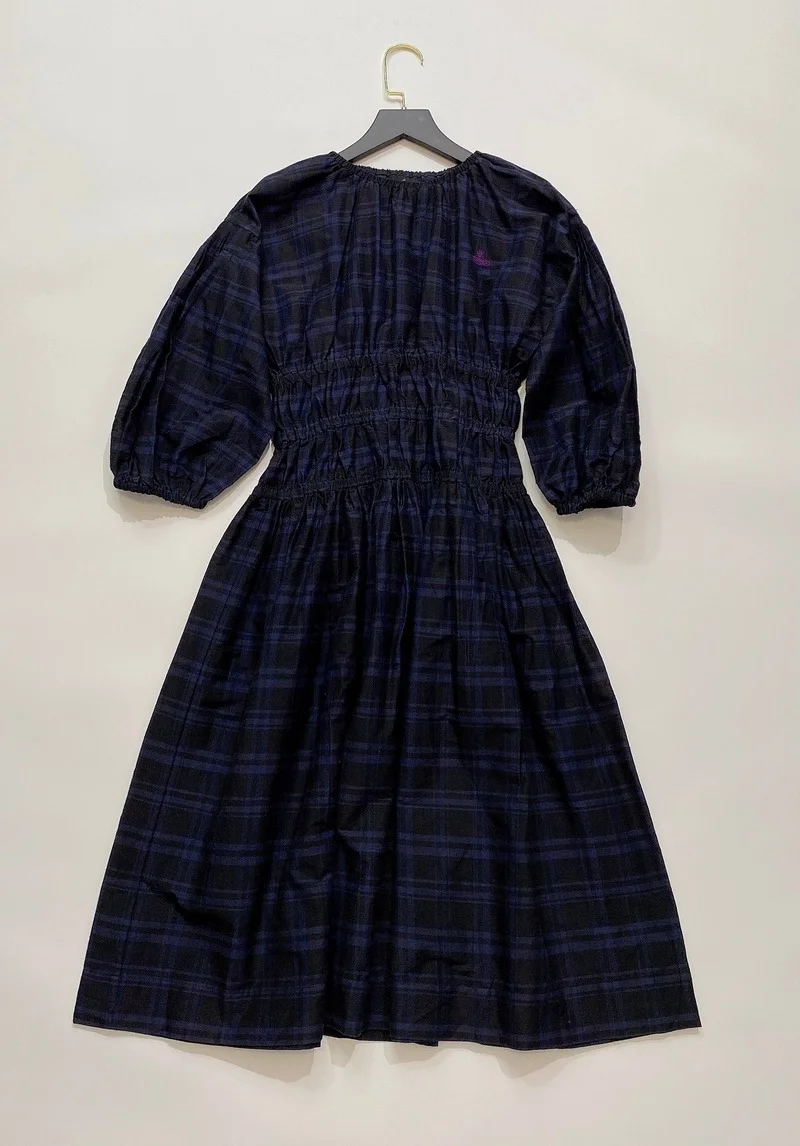 

Autumn Embroidery Retro Sweet Cotton Linen Plaid Dress