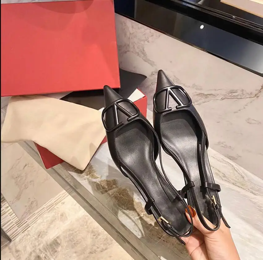 

Classics Women Brand Sandal Metal V-button Genuine Leather Women's Wedding Shoes 6cm 8cm 10cm Thin Heel Pointed Toe Big Size 43