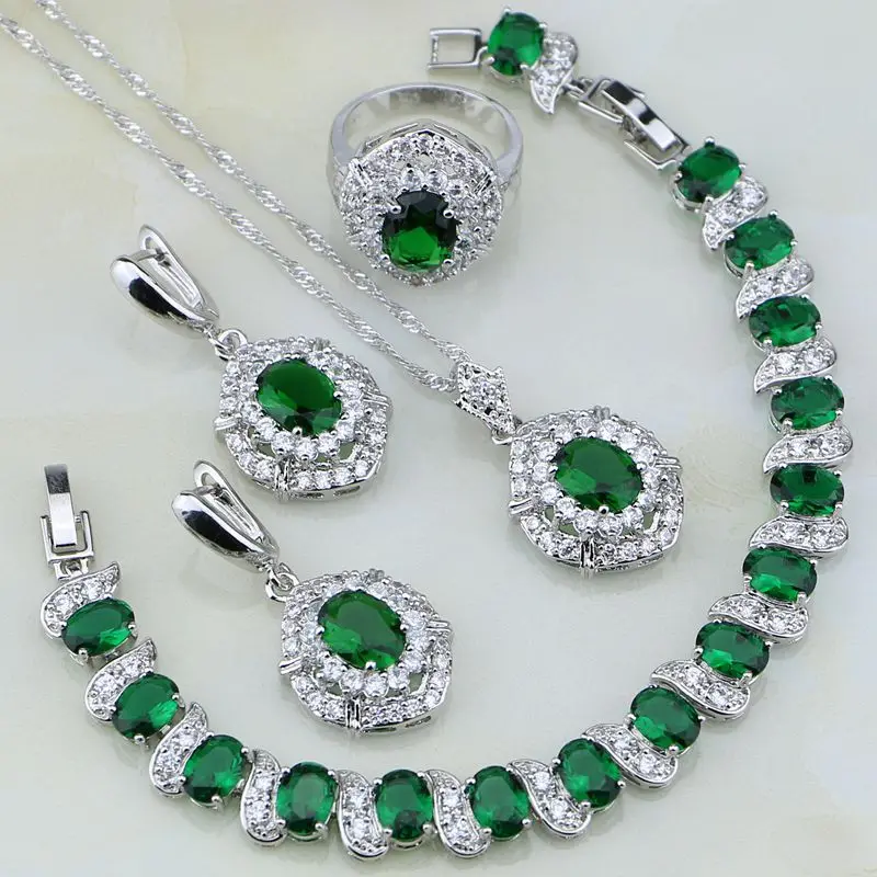 

925 Silver Jewelry Egg Shaped Green Zircon White Birthstone Charms Jewelry Sets For Women Earring/Pendant/Necklace/Bracelet/Ring