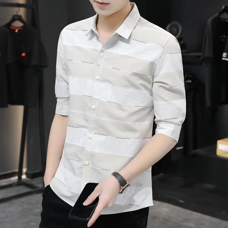 2022 New Fashion Mid Sleeve Shirt Men's Trend Versatile Youth Casual Slim-fit Color Block Top Hot