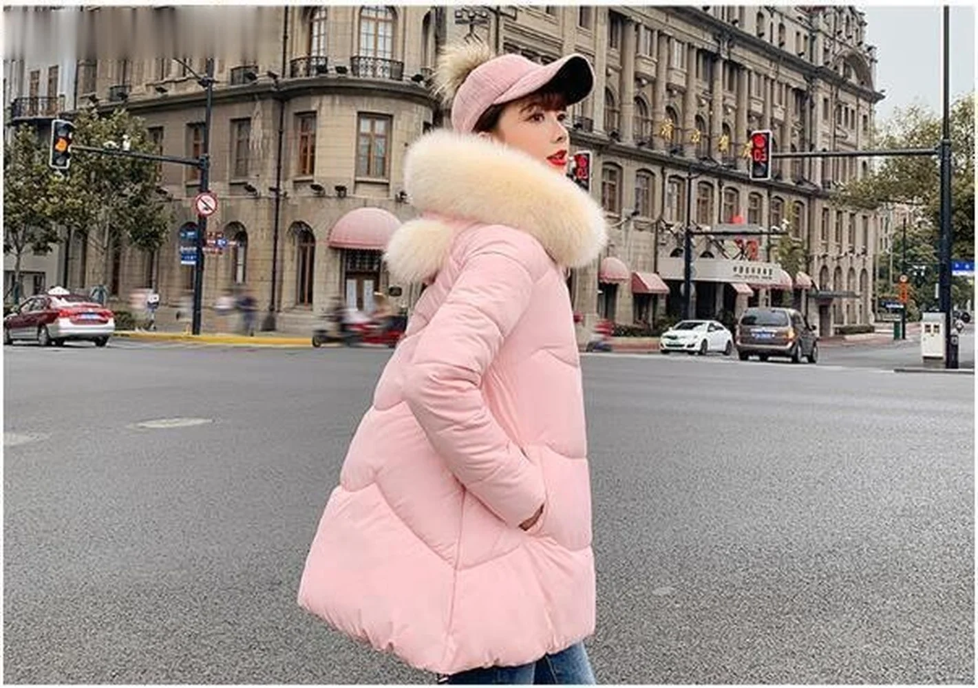 2021 Korea Outwear Faux Lamb Fur Coat Parkas Women Warm Winter OverCoat Black Faux Fur Collar Hooded Jacket New Fashion