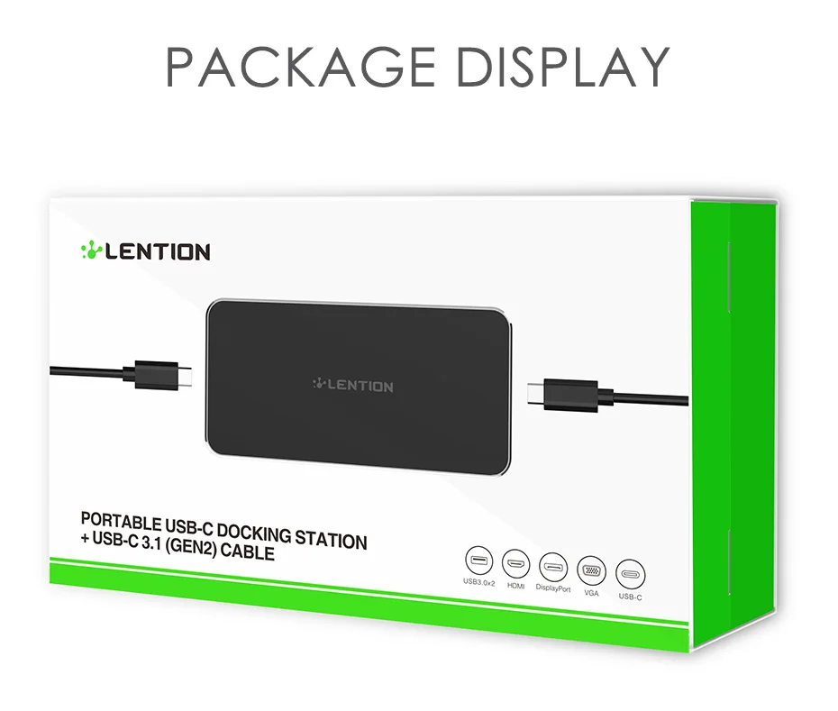 Lention USB-C портативная док-станция 1080P с 2 USB 3,0, HDMI+ DisplayPort+ VGA выход, type C данных+ адаптер для зарядки