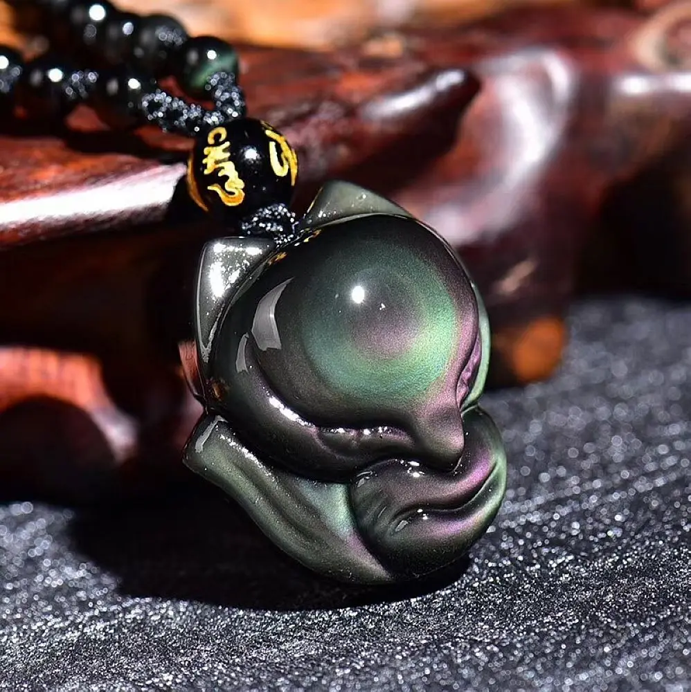 

Natural ranibow obsidian big head fox necklace pendant bead with adjustable bead chain