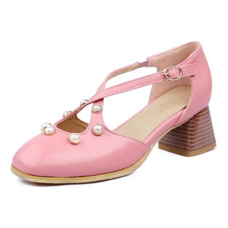 

Comfortable Mid-Heel Women Pumps Thick Heel Retro Round Toe 32-45 Side Hollow Buckle Pearl Sandals Women Beige Pink Shoes