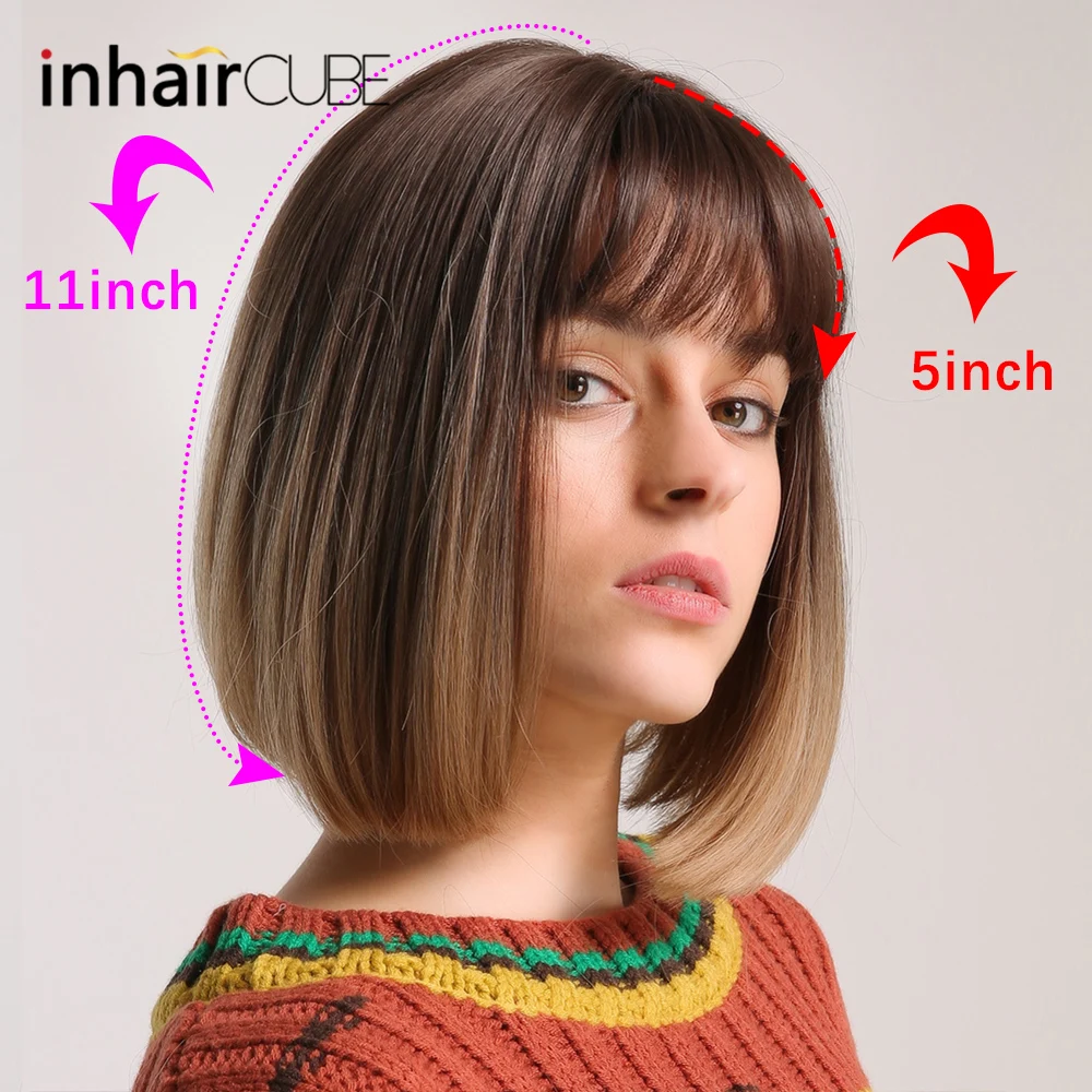 Inhair Cube 12 &quotБоб парики Выделите темно коричневый корень центр пробор волнистые
