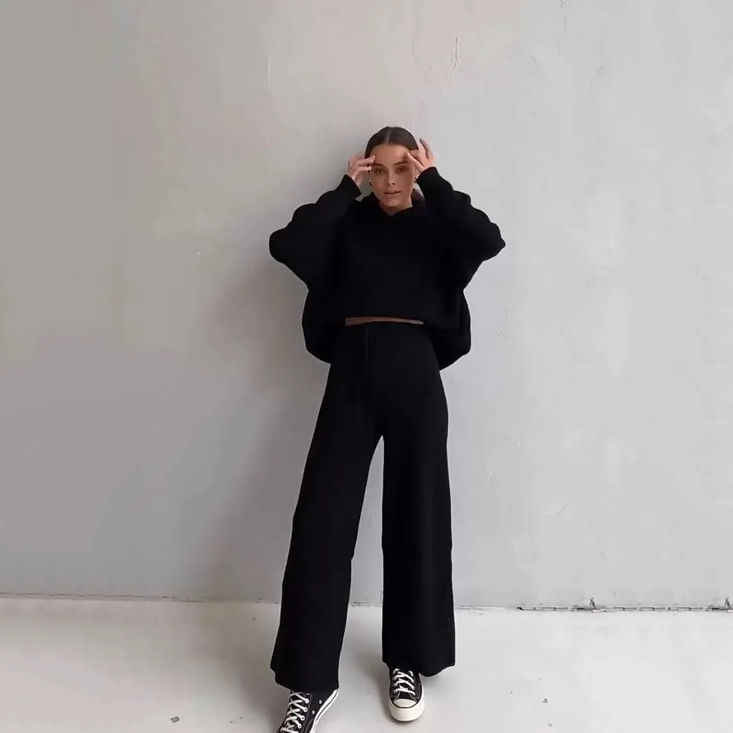 

Autumn Knitted Sweat Suits Women Matching Sets Long Sleeve Hoodie+wide-legged Pants Loungewear Sweater Set Two Piece Outfits