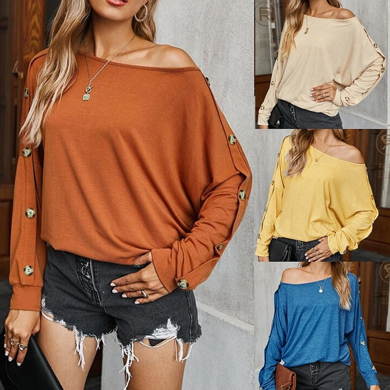 

Women Buttons Decor Long Sleeve T Shirt O-Neck Sexy Drop Shoulder Pullover Tops Solid Color Oversized Loose Streetwear