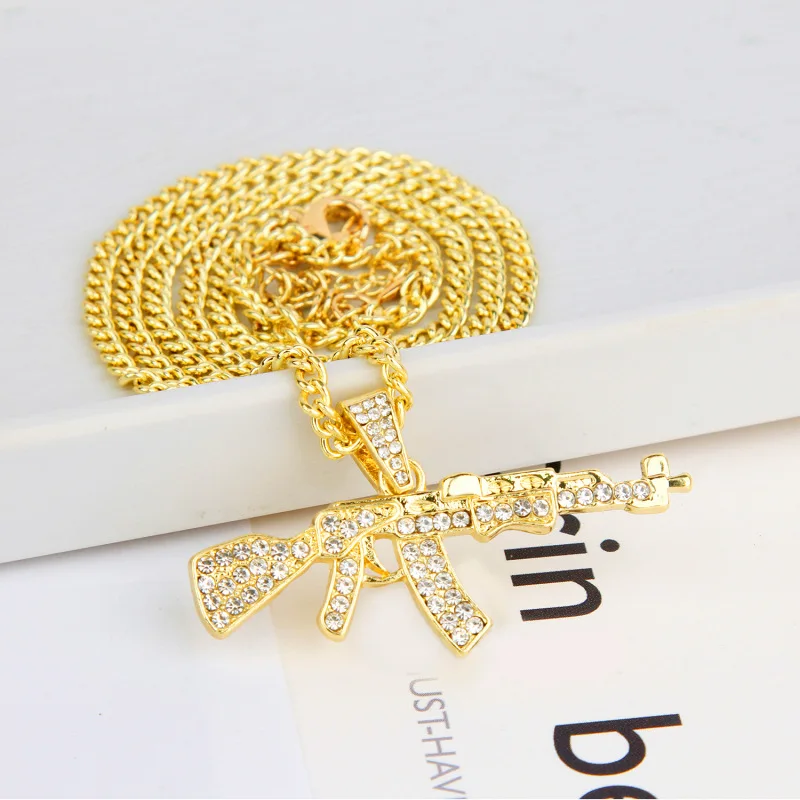

European And American Pop Punk Hip Hop Popular Ak 47 Gun Weapon Personality Fashion Gold Color Alloy Pendant Necklace