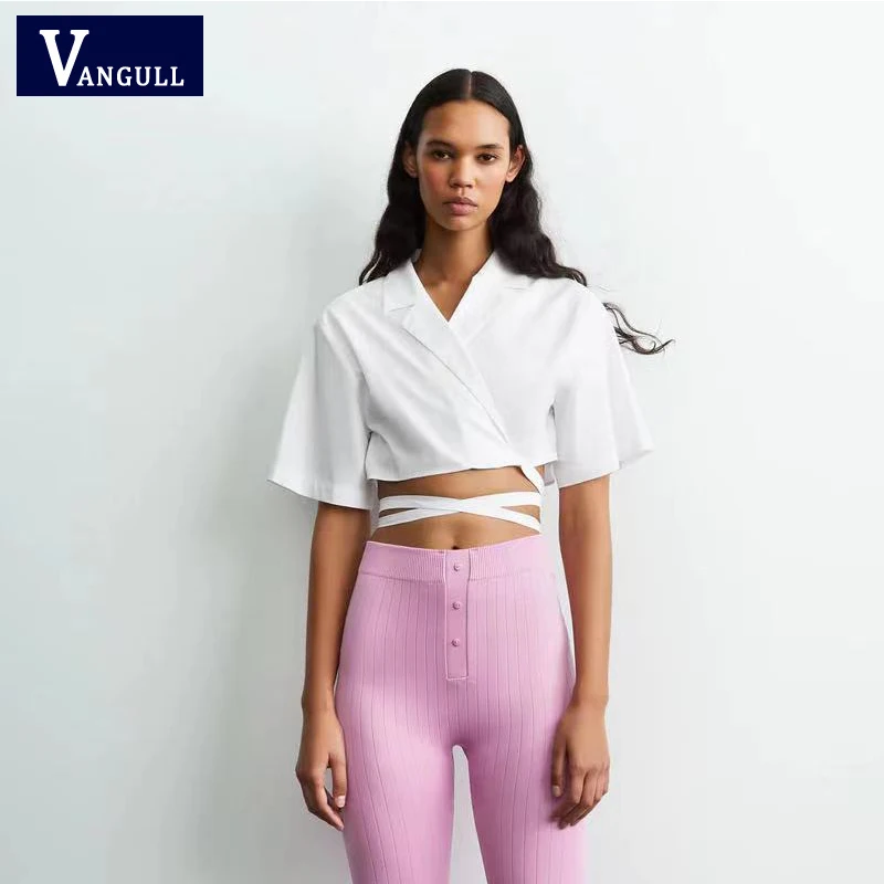 

Vangull Women T-shirt White Crop Top Fashion High Street Wrap Woman Tops Short Sleeve Blouse Casual Sexy Office Lady Shirt