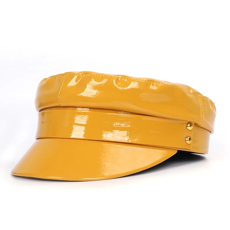 Yellow Роскошный Модный берет из лакированной кожи, дамские шапки, одноцветная шляпа с плоским верхом, Кепка Капитана из искусственной кожи, Женская Кепка Капитана - Цвет: Yellow