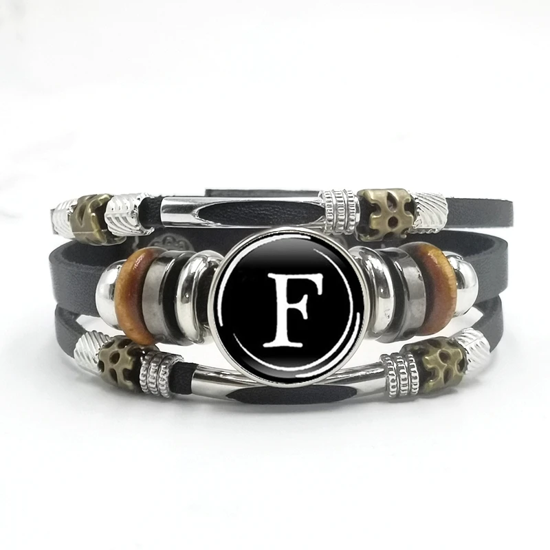 

2020 Fashion Charm 26 Letter Black Leather Braided Bracelet Glass Cabochon Bracelet Men and Women Jewelry Gift Bracelet