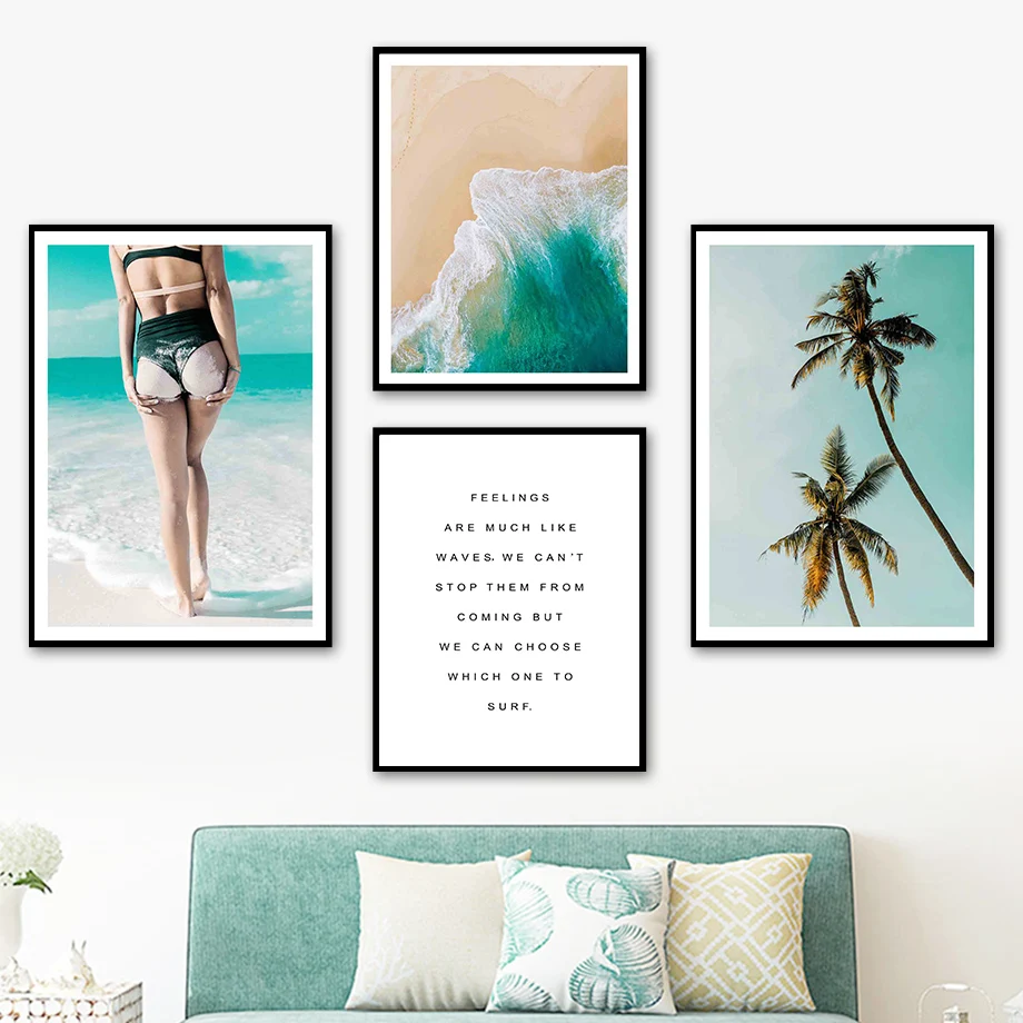 

Sea Wave Beach Girl Sky Cloud Palm Quote Wall Art Canvas Painting Nordic Poster And Prints Wall Pictures For Living Room Decor
