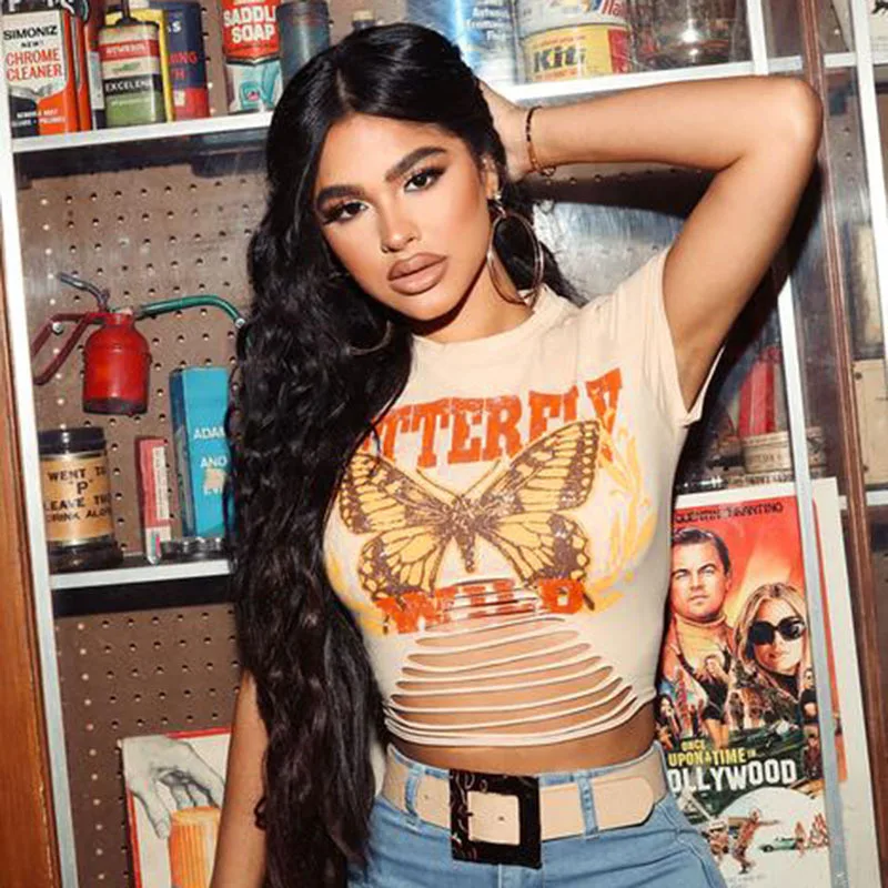 

Белая футболка с принтом бабочек в стиле Харадзюку, Сексуальная футболка с коротким рукавом в готическом стиле, с вырезами, уличная одежда, ...