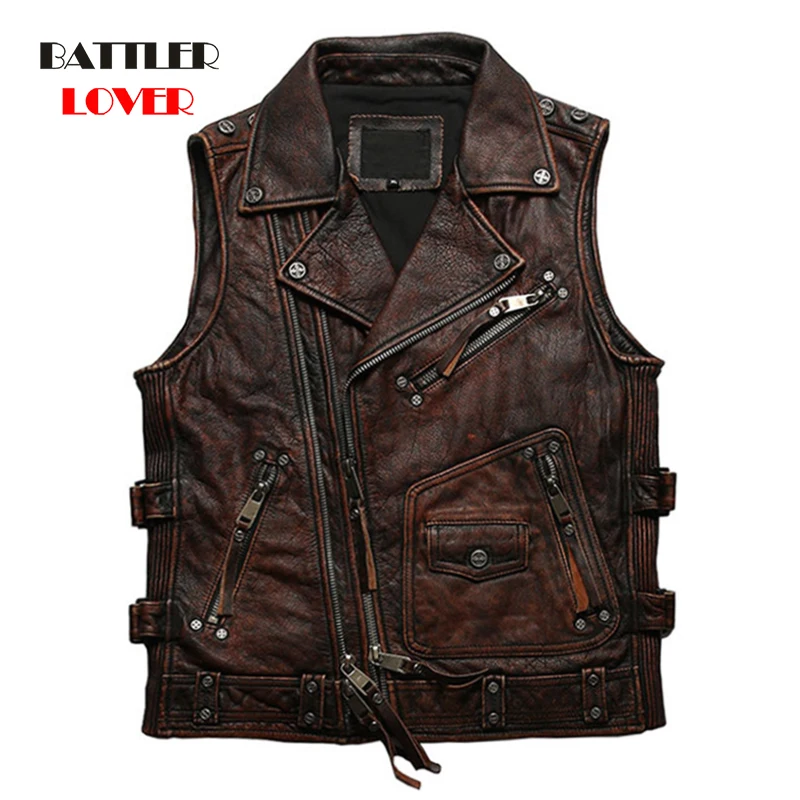 

Vintage Heavy Real Cow Motorcycle Biker Vests For Men Lapel Zipper Genuine Leather Sleeveless Jackets Male Punk Rivet Waistcoats