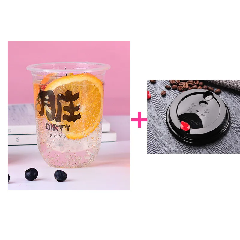 cup and lid Одноразовый жир u-образный узор креативный прозрачный молочный чай пластиковая чашка кофе напиток сок Напиток Упаковка чашки с крышкой - Цвет: cup and lid