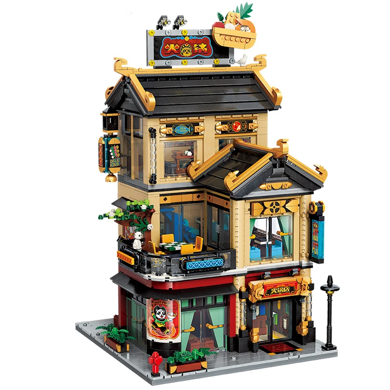 

2021 New Hot Pot Restaurant Model Building Blocks Chinese Style City Street View Assembly Bricks Toys for Kids Christmas Gifts
