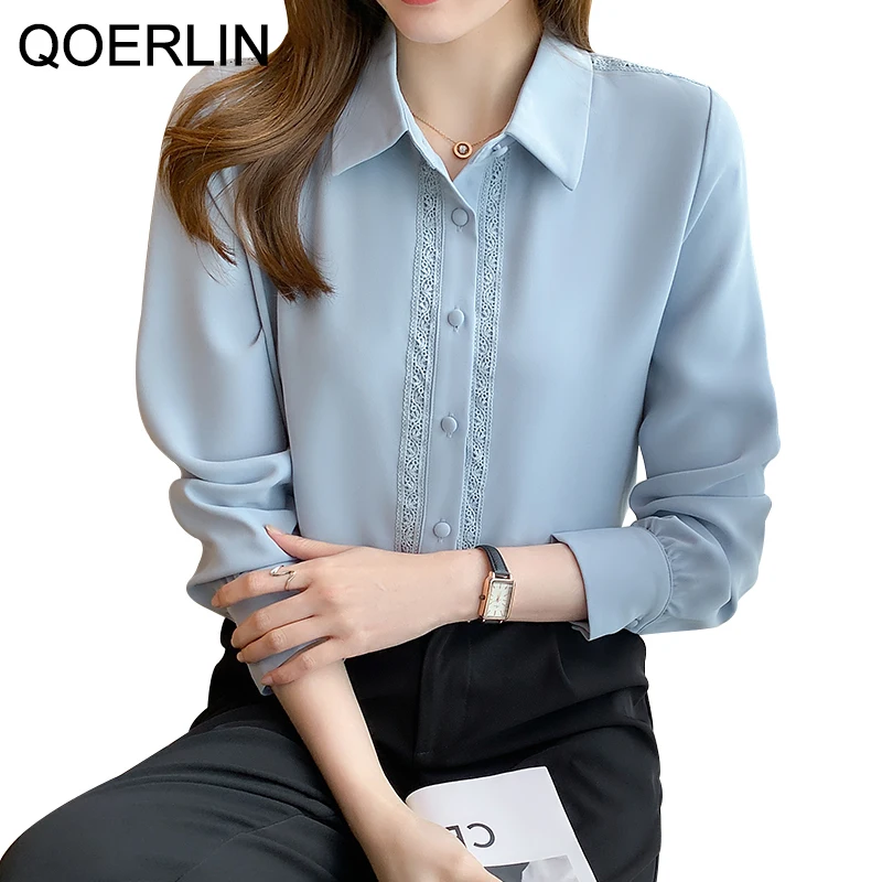 

QOERLIN Formal Workwear Women Long Sleeve Stylish Lace Hollow Out White Blouse Single Breasted Blue Button Up Shirts Tops Female