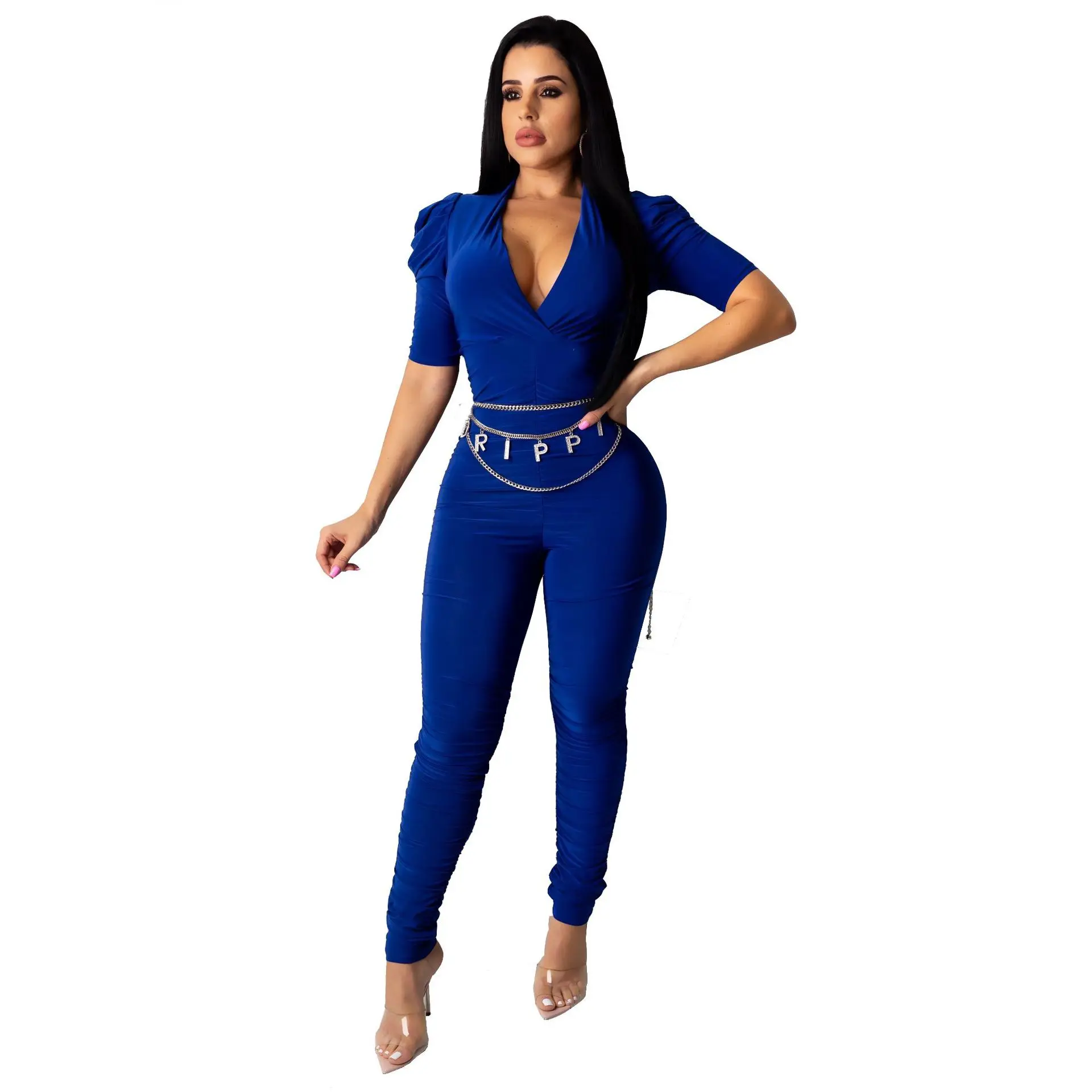 

New style female jumpsuit pure color sexy V neck smoke fold in the sleeve package hip tight height waist jumpsuit pants