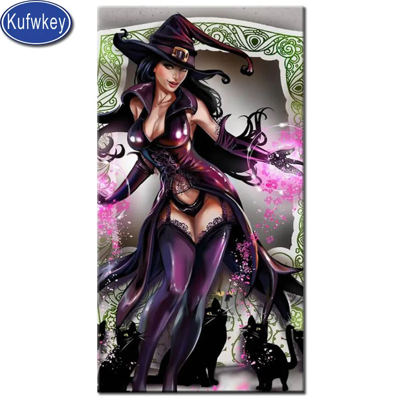 Алмазная вышивка Кот ведьмы на Хэллоуин мозаика сексуальная женщина мультяшный