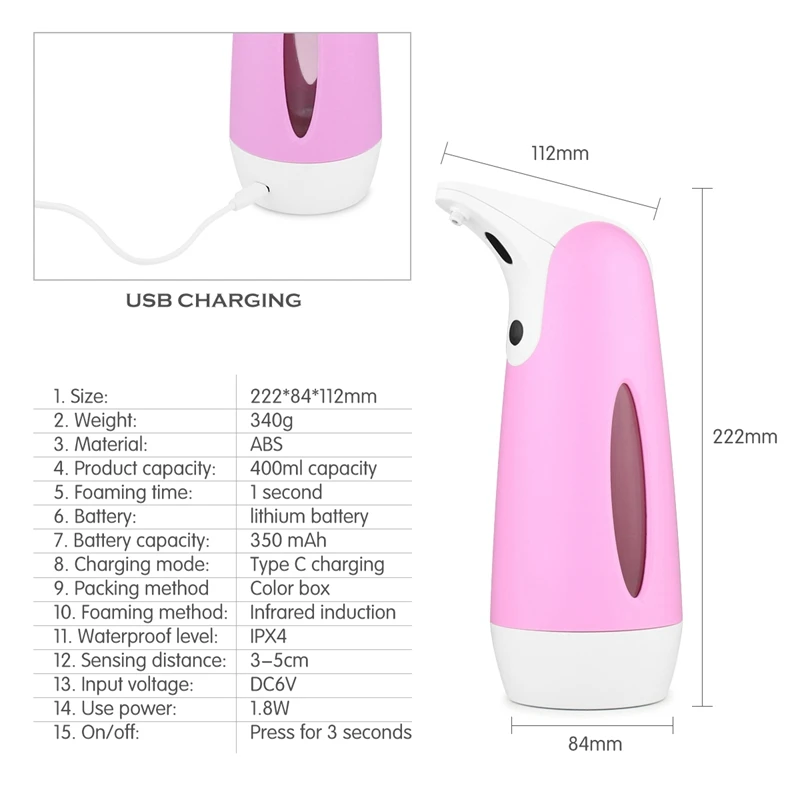 

Automatic Soap Dispenser USB Infrared Motion Sensor Waterproof Pressless Foaming Soap Dispenser for Home Bathroom