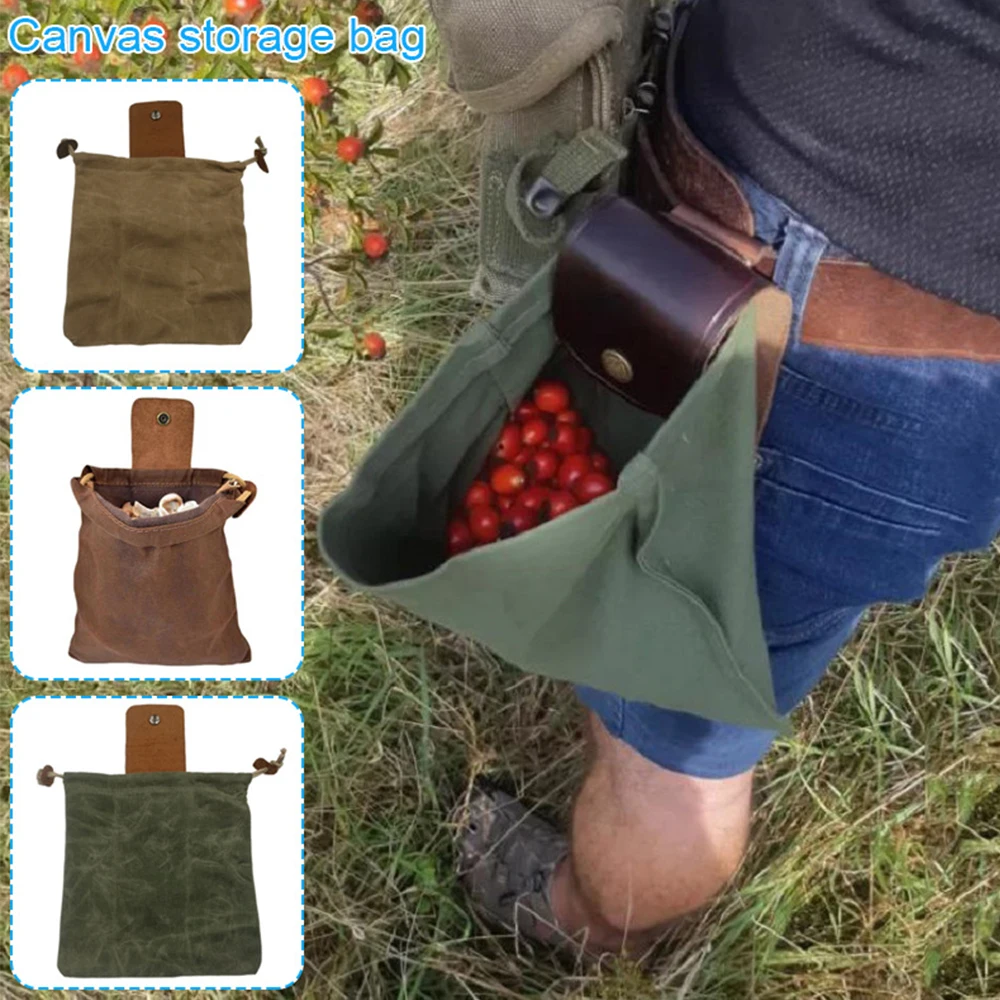 

Waxed Canvas Foraging Pouch Collapsible Leather Outdoor Waist Belt Pocket with Drawstring for Hiking Beachcombing PSEN999