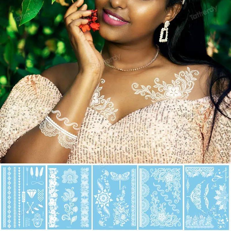 

Indian White Henna Tattoo Fake Sexy Breast Sleeve Hand Face Tattoo Sticker Flower Mandala Lace Body Jewelry Tattoo Temporary