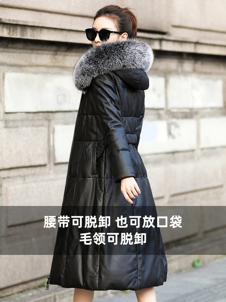 Leather Down Jacket Women's Big Size  Long Sheepskin 2020 Winter New Waist Leather Slim Hooded Jacket