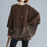 2022 womens stitching pullover bat shirt autumn and winter fashion loose large knitted pullover casual bat sleeves solid tops